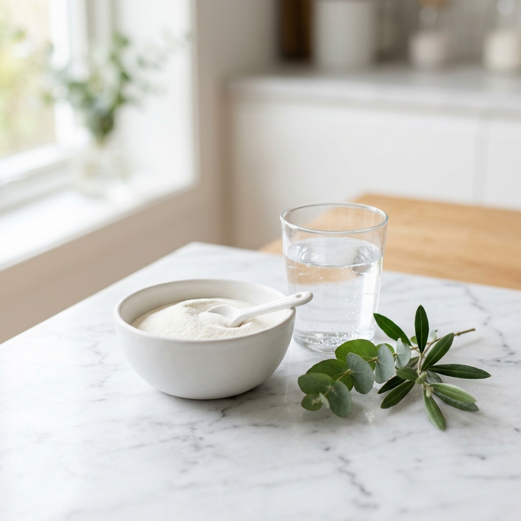 Clean white bowl with collagen powder and glass of water