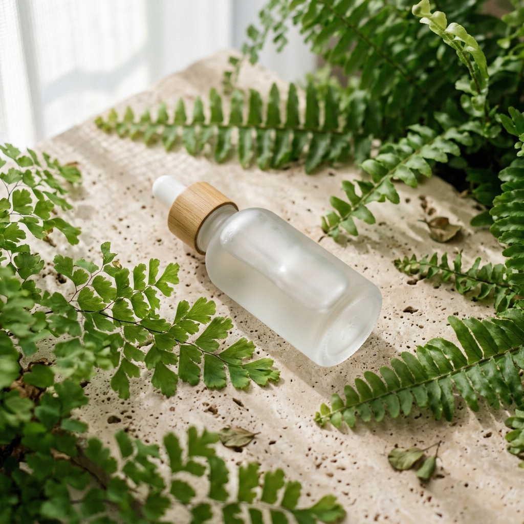 High-end botanical face serum bottle on light stone