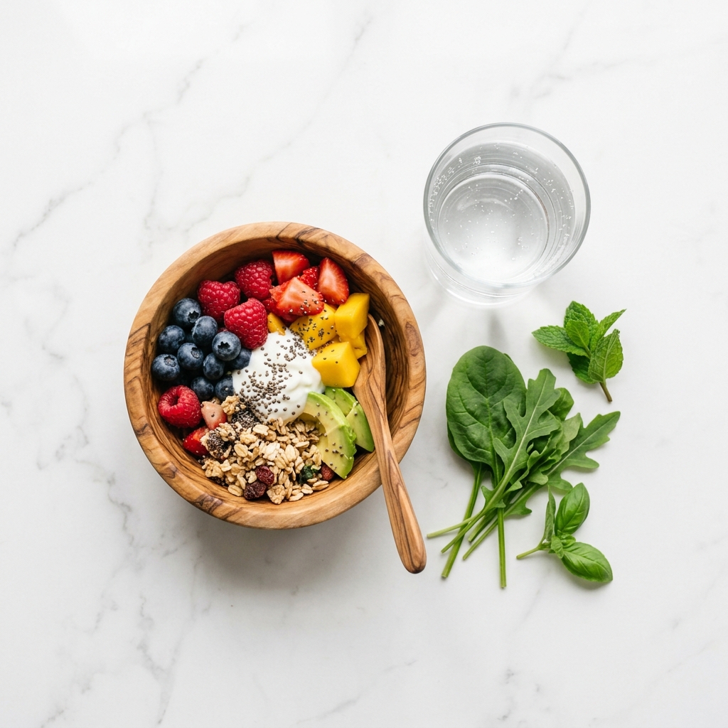 Healthy fresh foods flat lay on clean white marble